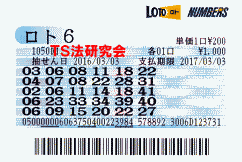 ロト６ 第1,050回では５等３本当選！